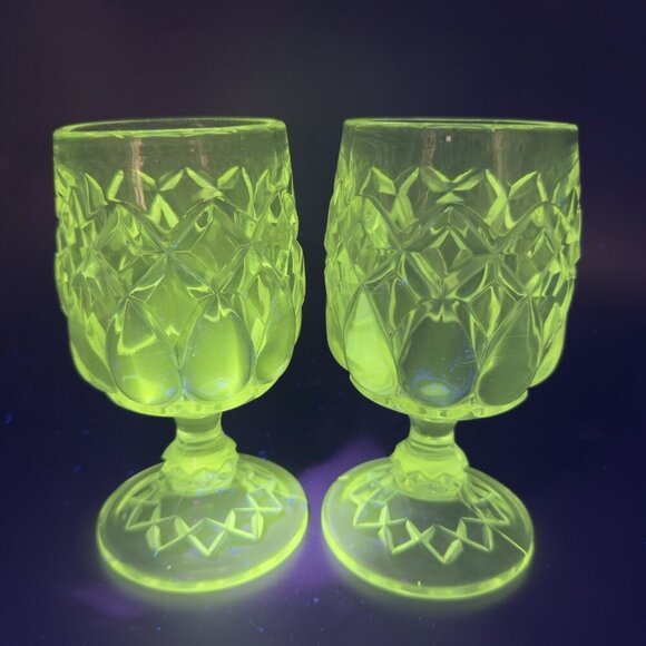Antique Adams Glass Co Jacobs Tears Clear Goblets Cups Set 2 Manganese 365nm UV - Picture 14 of 15